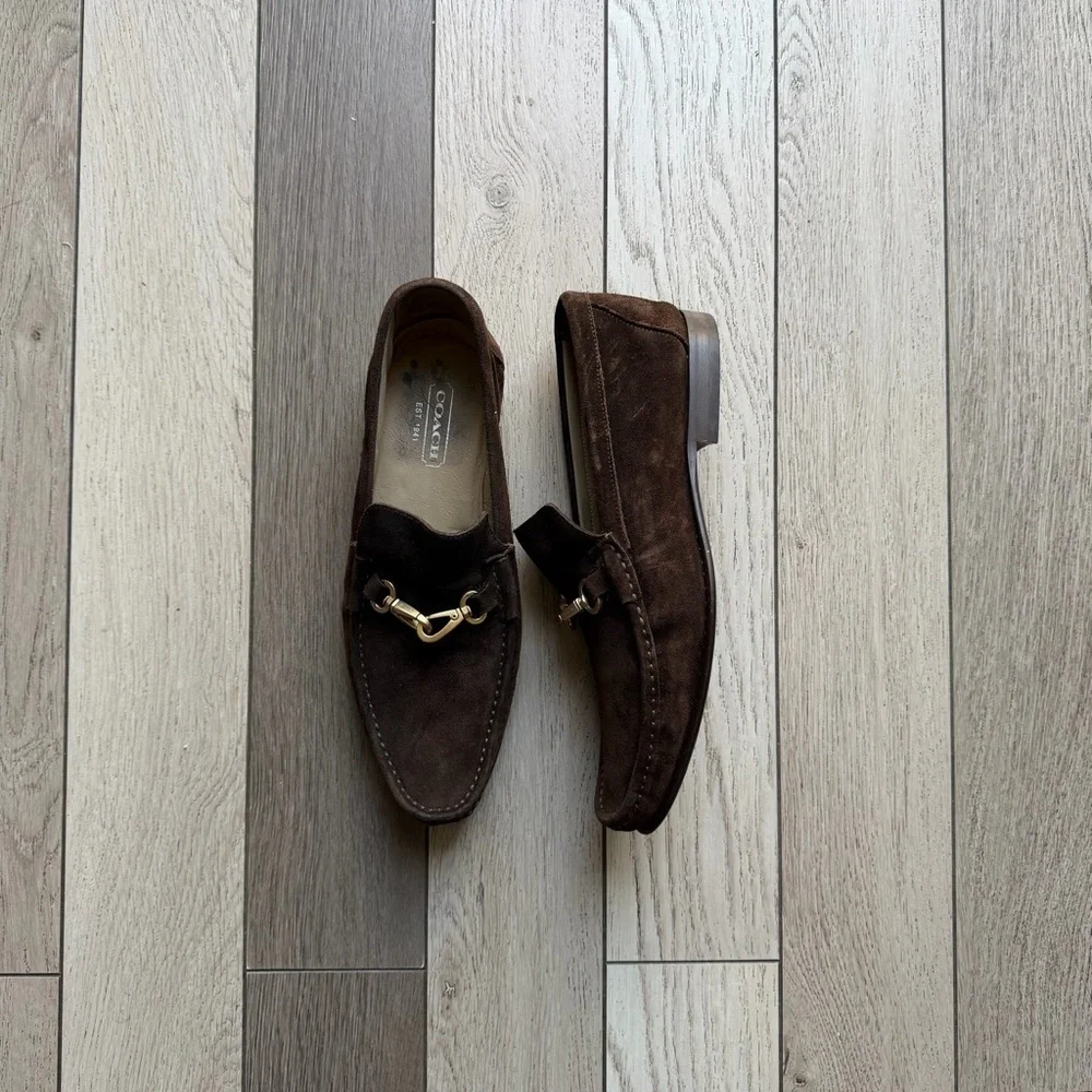 Coach Dark Brown Suede Loafers with Gold Accent